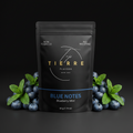 Black packaging of Tierre Flavors Blue Notes with blue accent on a black background