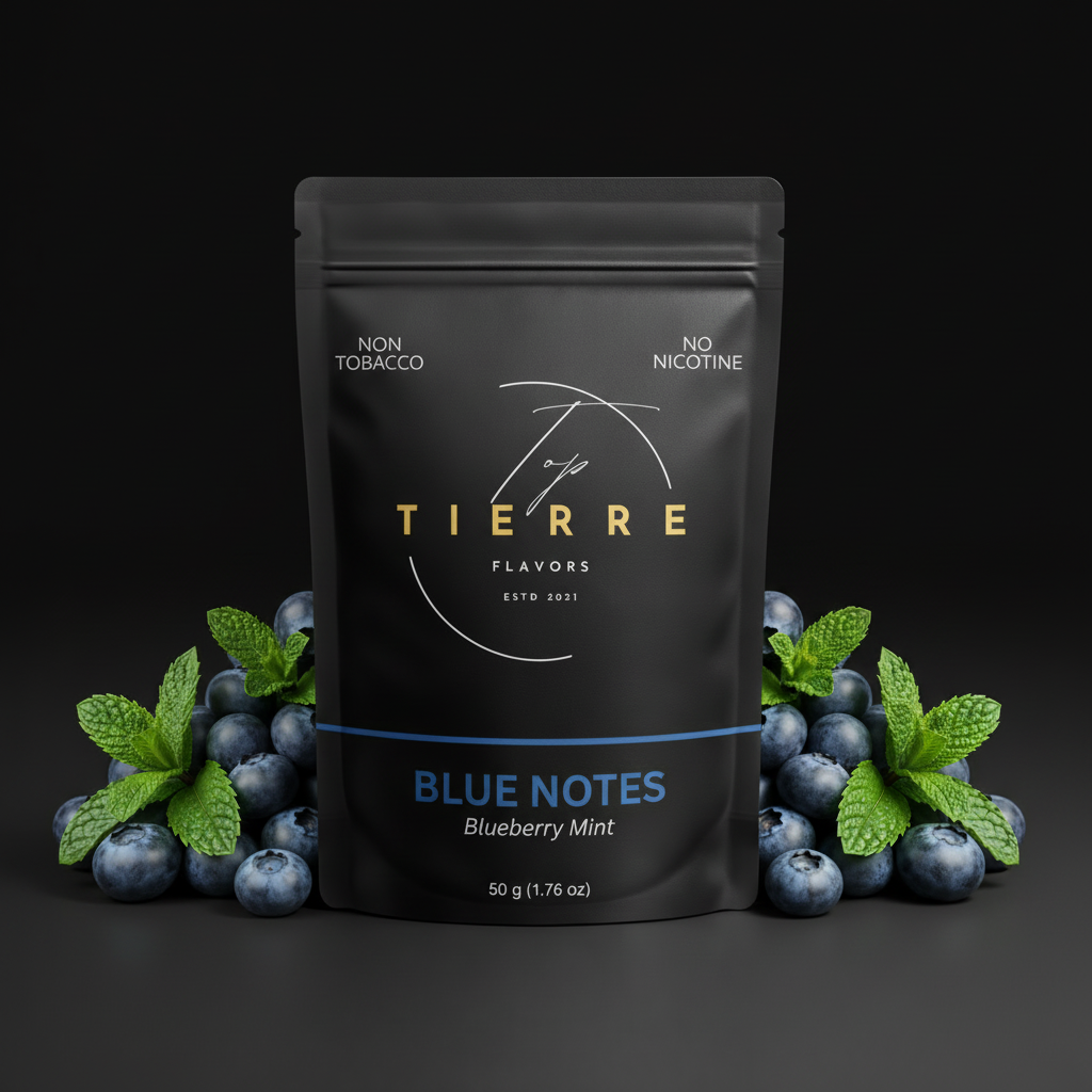 Black packaging of Tierre Flavors Blue Notes with blue accent on a black background