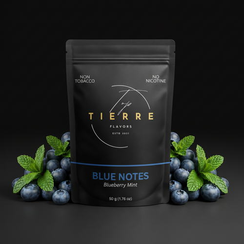 Black packaging of Tierre Flavors Blue Notes with blue accent on a black background